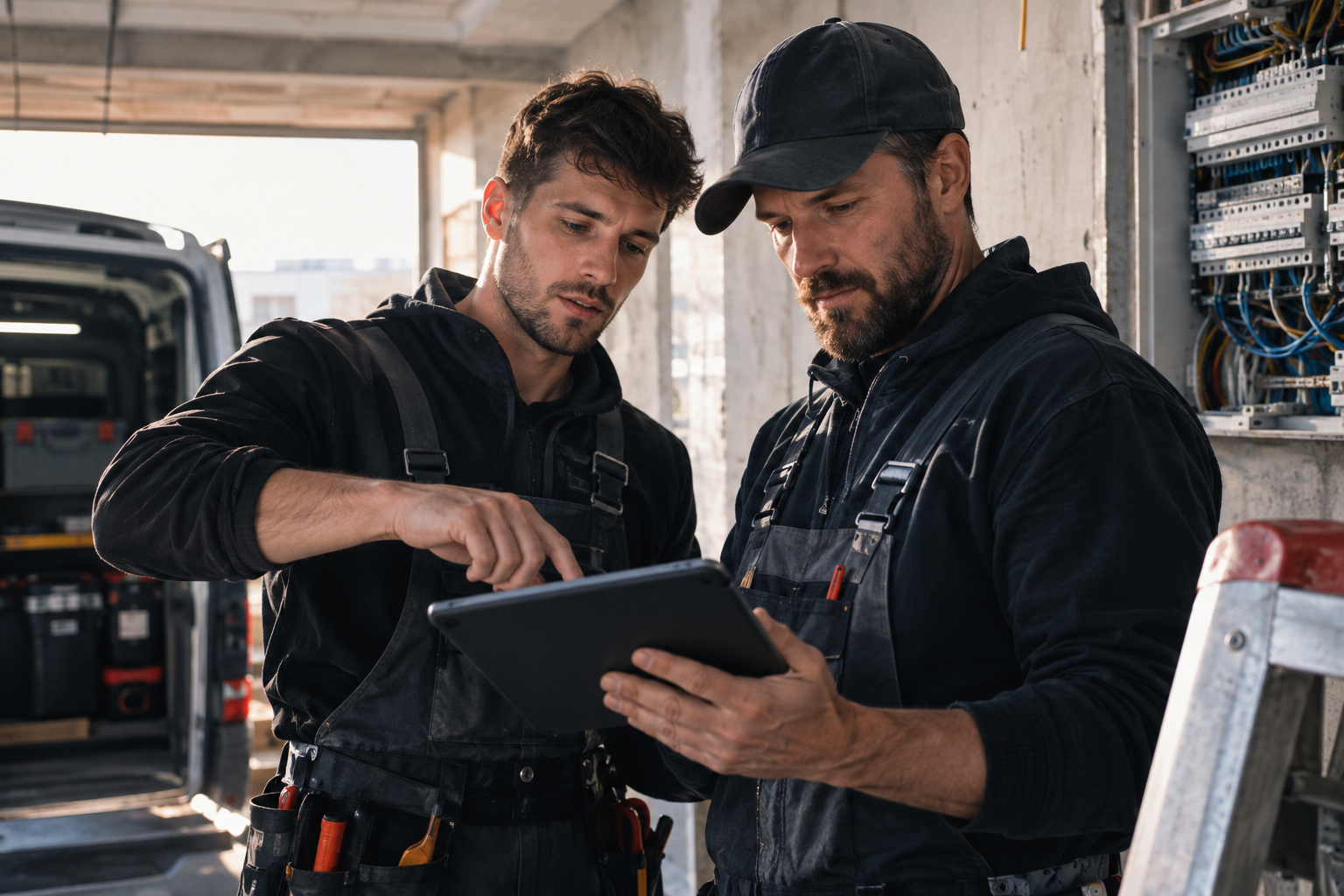 Handwerker mit Tablet auf der Baustelle